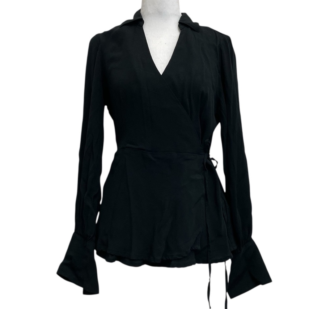 J Crew Black Long Sleeve Wrap Front Crepe Blouse